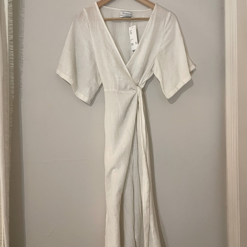 UO Cream Linen Wrap Dress